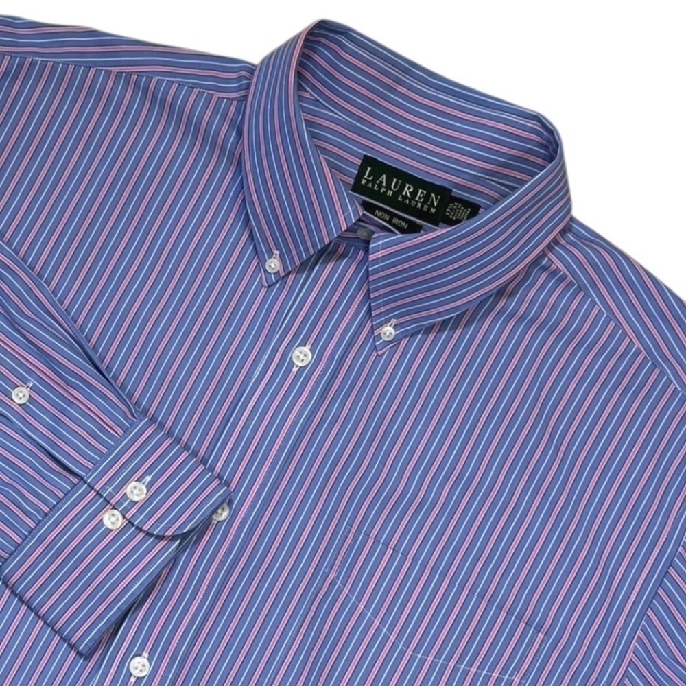 Ralph Lauren Men's Non Iron Blue Pink Stripe Button Down Shirt Size 17 1/2 34/35